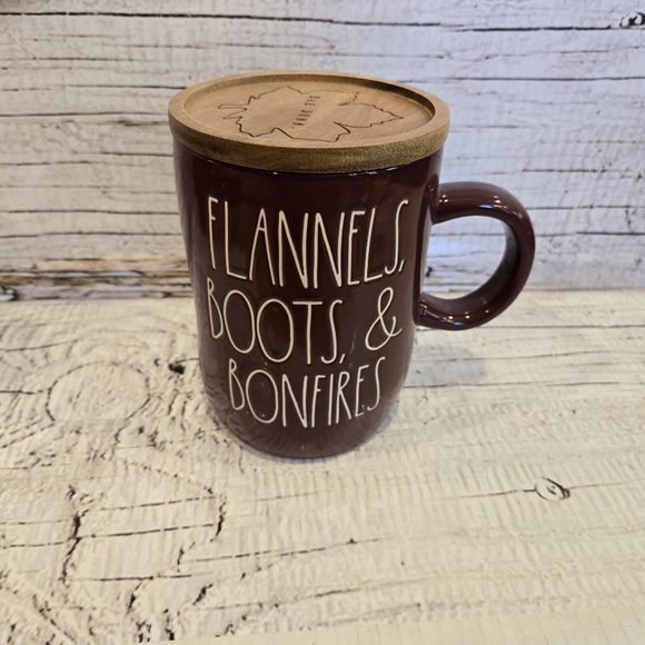 Rae Dunn "Flannels, Boots, & Bonfires" Mug woth wooden topper - Picture 2 of 3